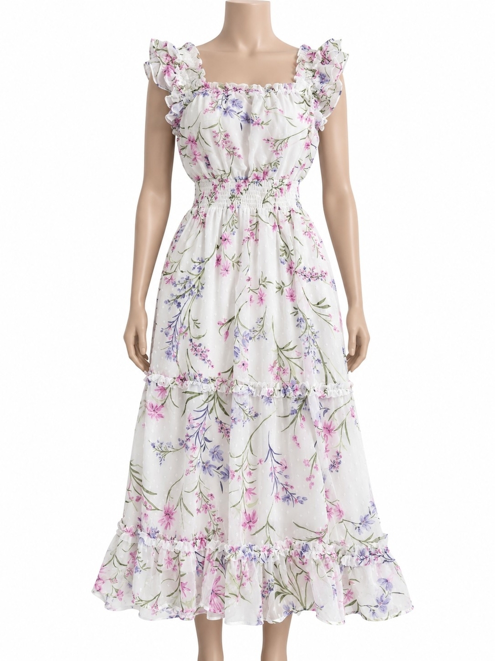 Floral Ruffle Midi Dress in White with Pink & Lavender